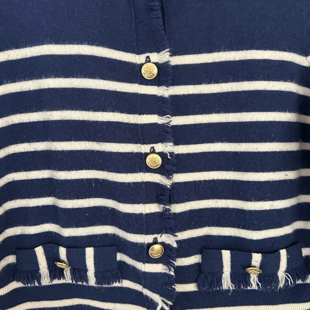 J. Crew Cashmere Blue White Striped fringe-trim sweater lady jacket Size Large - Picture 5 of 7